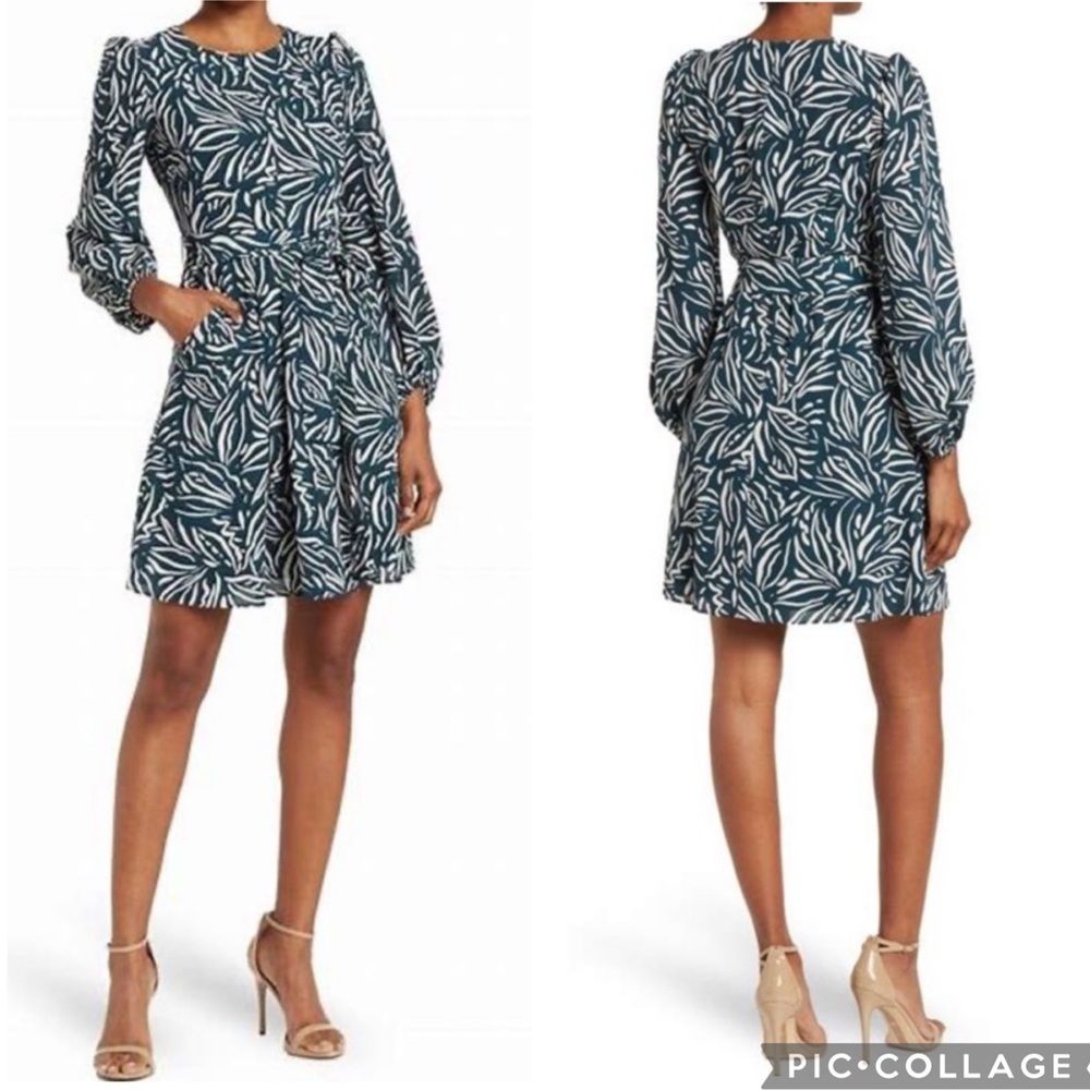Eliza J Leaf Print Crepe Fit & Flare Belted Dress Teal 14‎